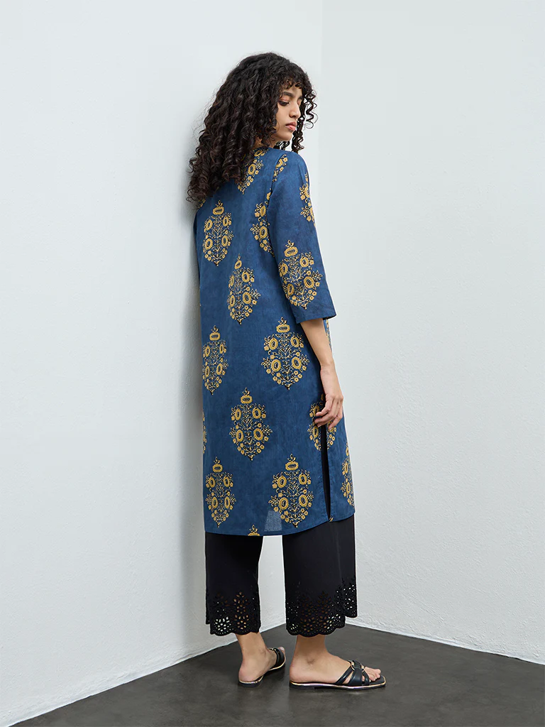 Utsa Indigo Foliage Printed Cotton Straight Kurta - Image 4