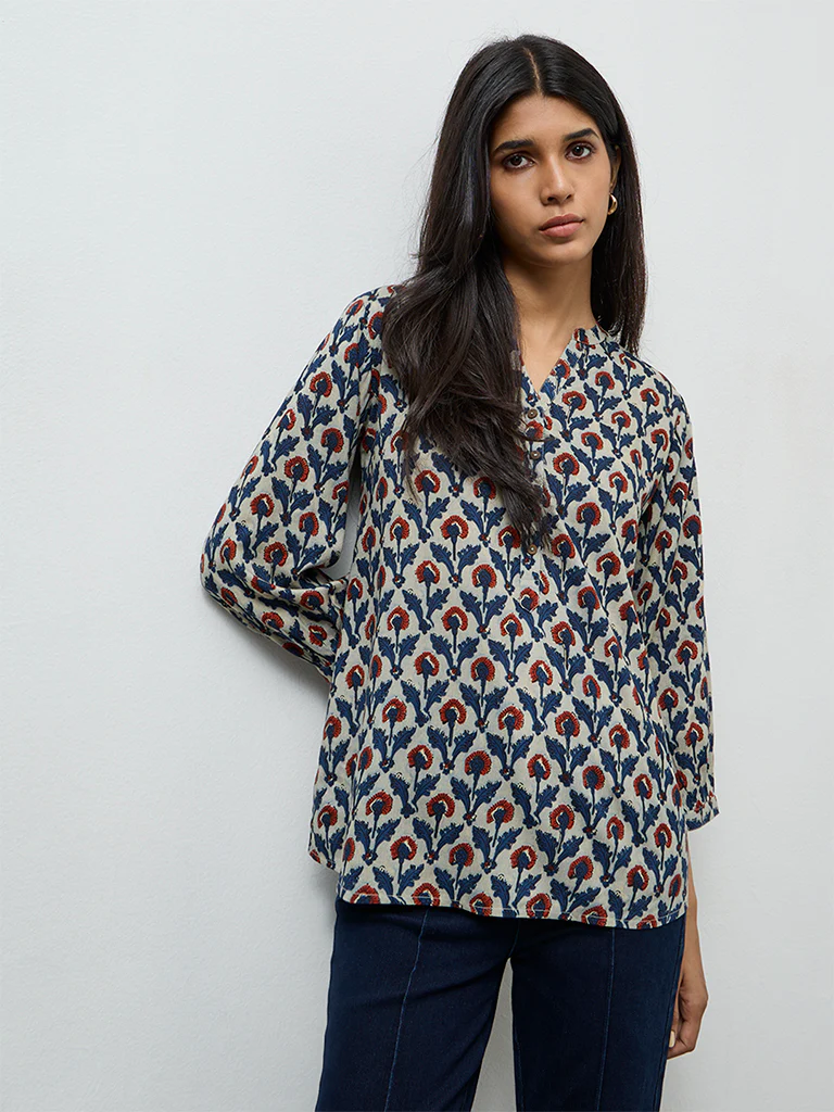 Utsa Indigo Foliage Printed Tunic