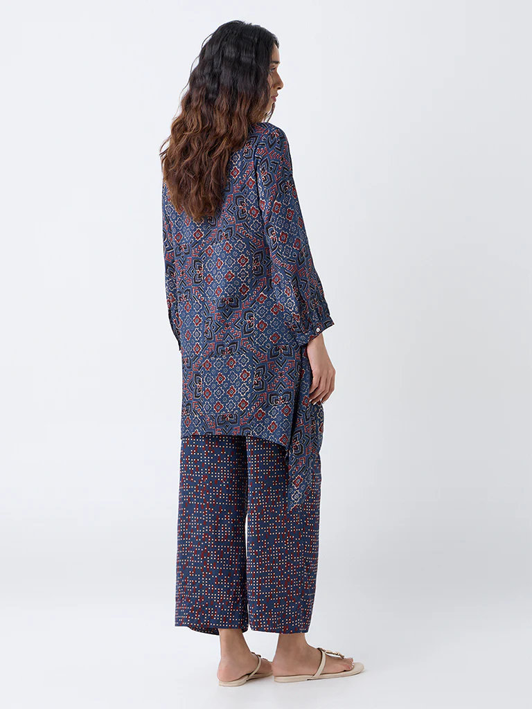 Utsa Indigo Geometric Pattern A-Line Cotton Kurta - Image 4