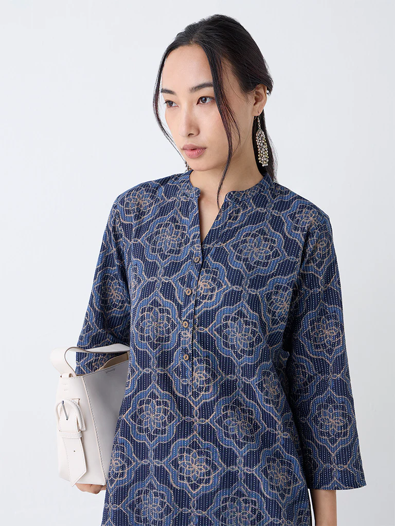 Utsa Indigo Geometric Pattern Cotton-Blend Straight Kurta - Image 3