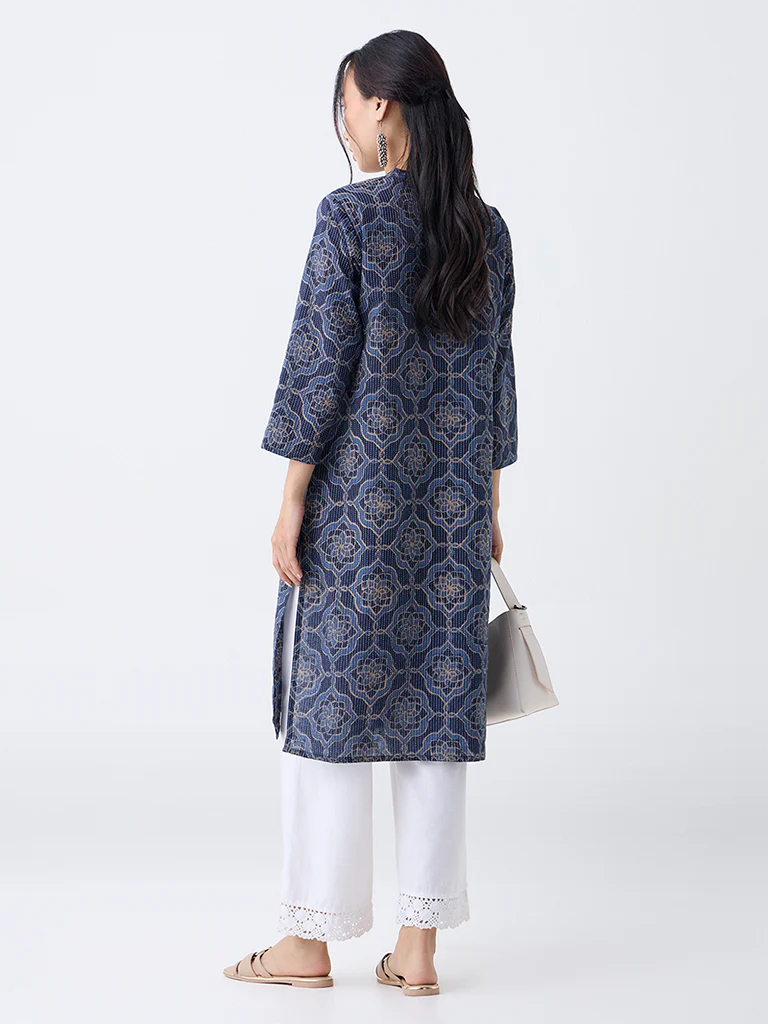 Utsa Indigo Geometric Pattern Cotton-Blend Straight Kurta - Image 4