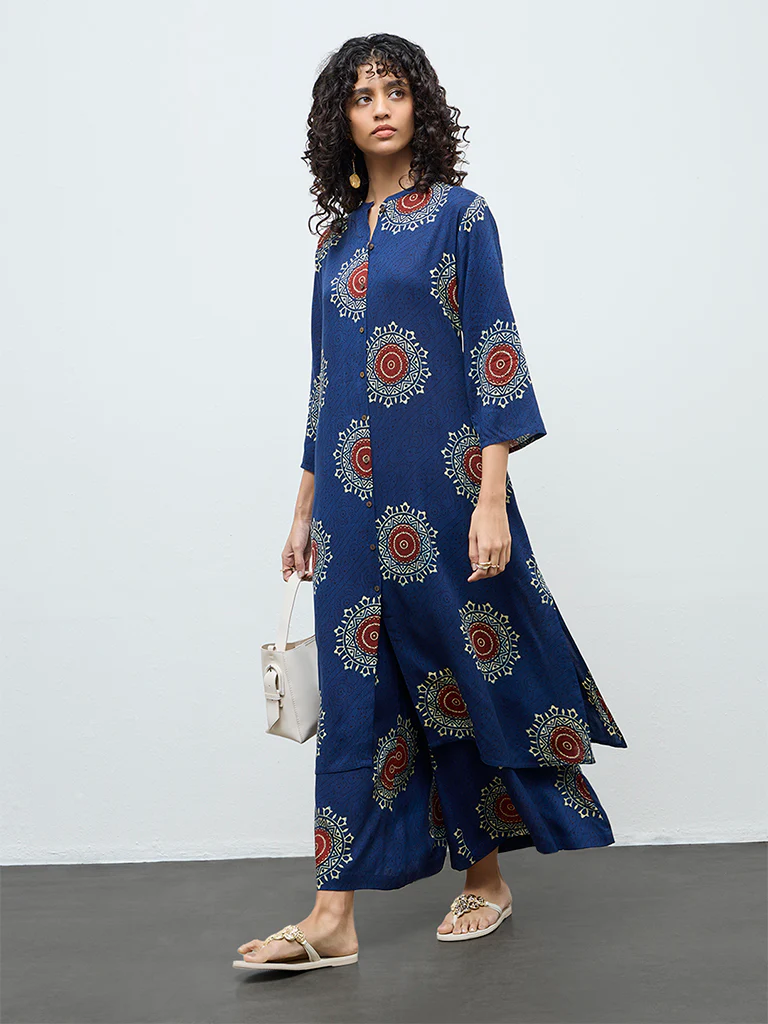 Utsa Indigo Geometric Printed A-Line Kurta