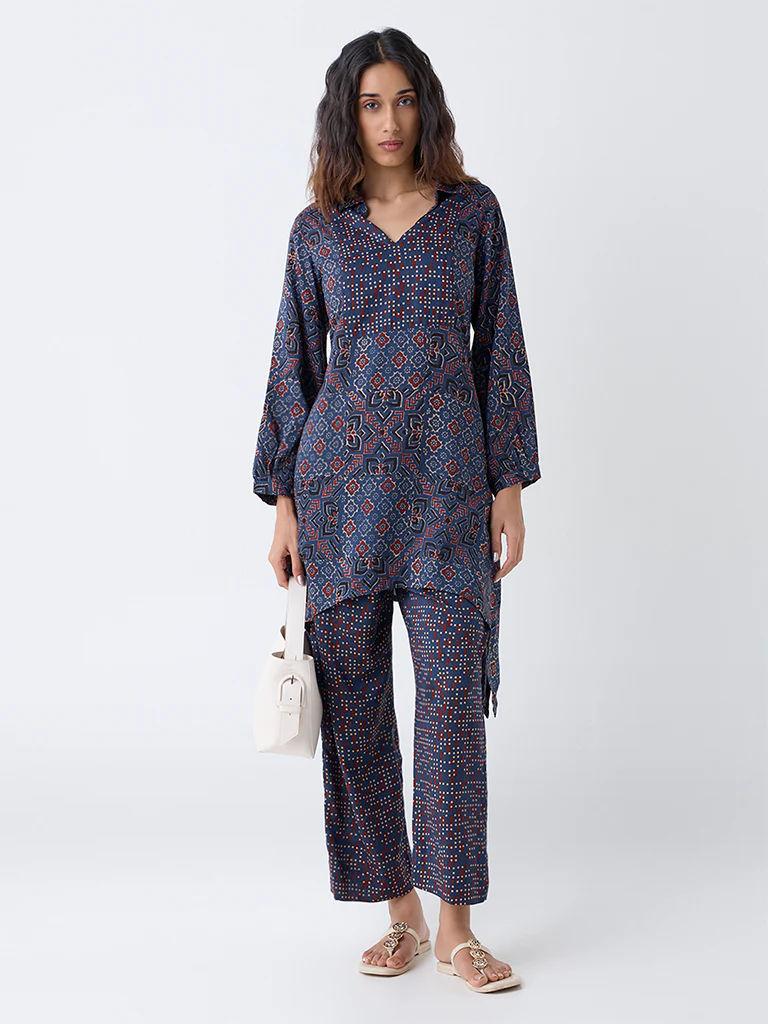 Utsa Indigo Geometric Printed Cotton Palazzos - Image 2