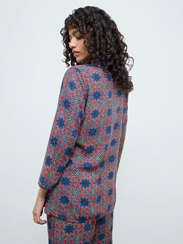 Utsa Indigo Geometric Printed Cotton Tunic - Image 3