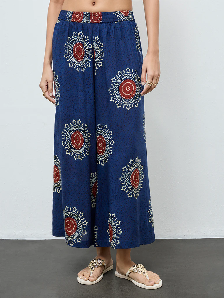 Utsa Indigo Geometric Printed Flared Palazzos