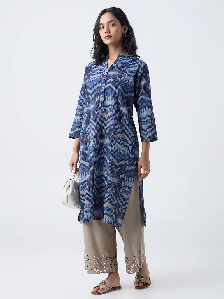 Utsa Indigo Kantha Embroidered Cotton-Blend Straight Kurta