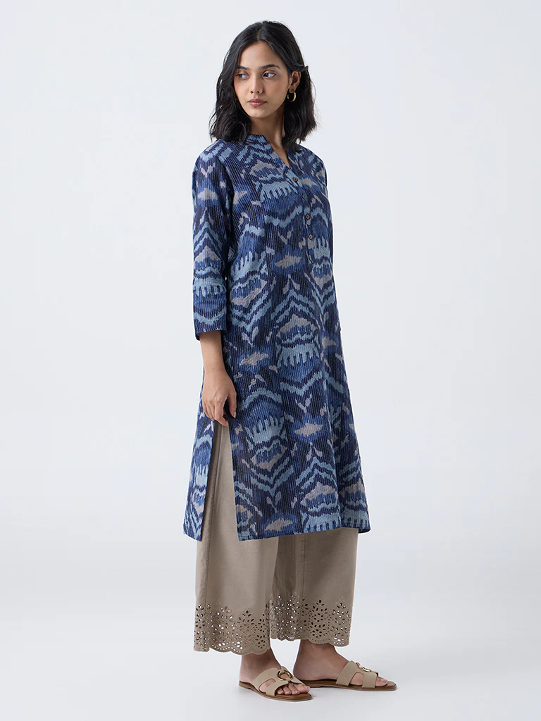 Utsa Indigo Kantha Embroidered Cotton-Blend Straight Kurta - Image 2