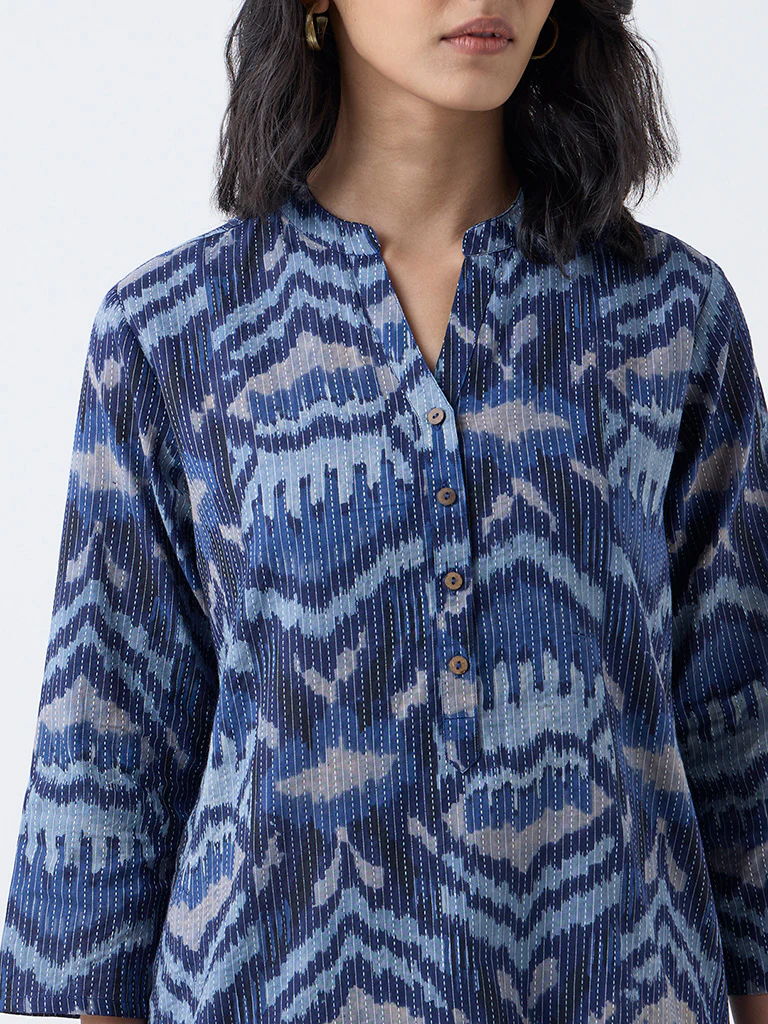 Utsa Indigo Kantha Embroidered Cotton-Blend Straight Kurta - Image 3