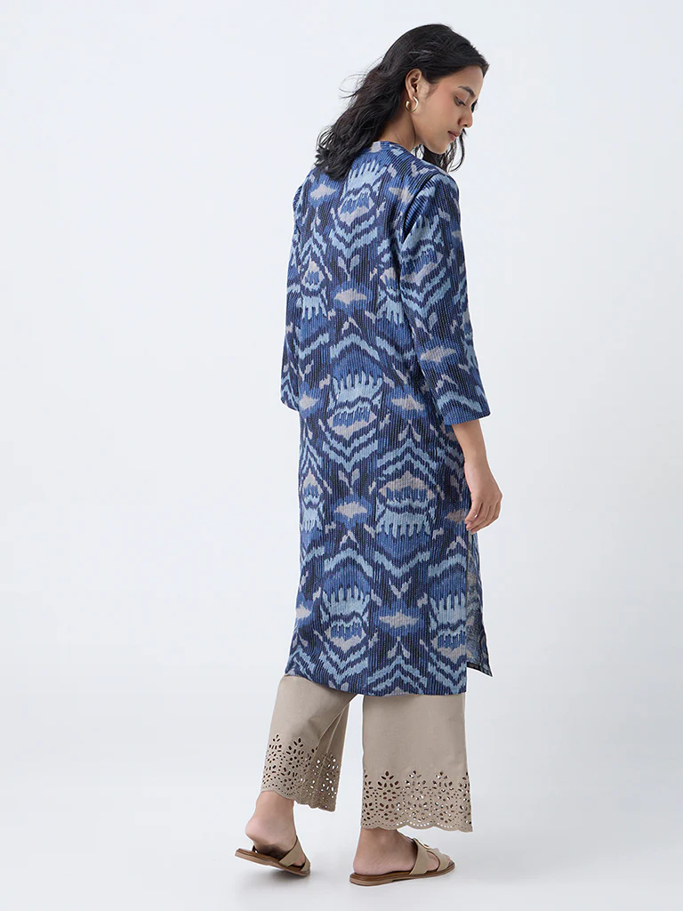 Utsa Indigo Kantha Embroidered Cotton-Blend Straight Kurta - Image 4