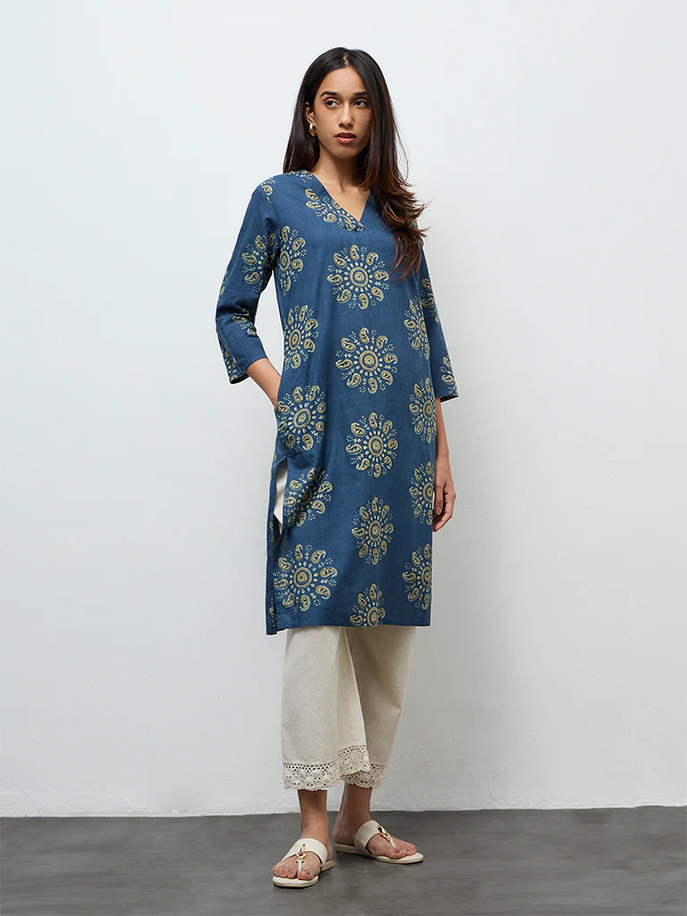 Utsa Indigo Mandala-Inspired Cotton Straight Kurta - Image 2