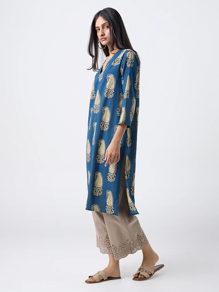 Utsa Indigo Paisley Design Cotton Straight Kurta - Image 2