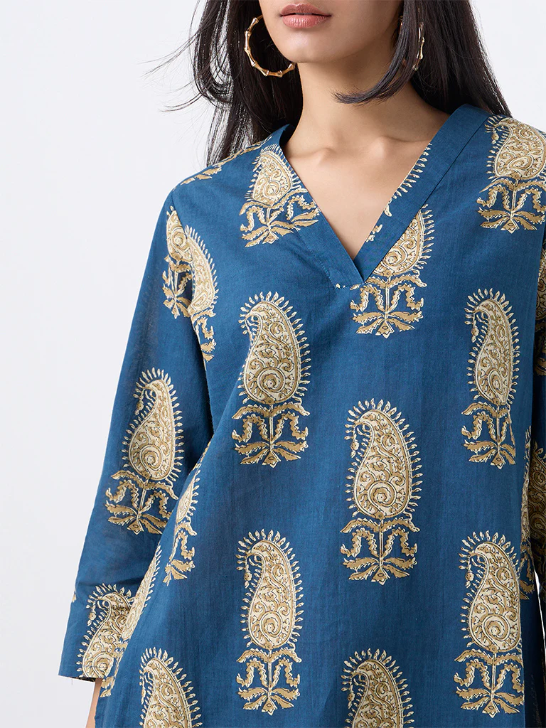 Utsa Indigo Paisley Design Cotton Straight Kurta - Image 3