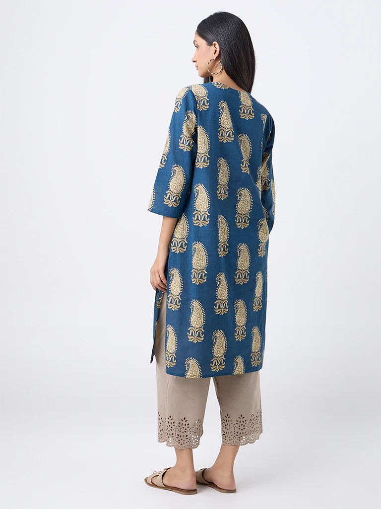 Utsa Indigo Paisley Design Cotton Straight Kurta - Image 4