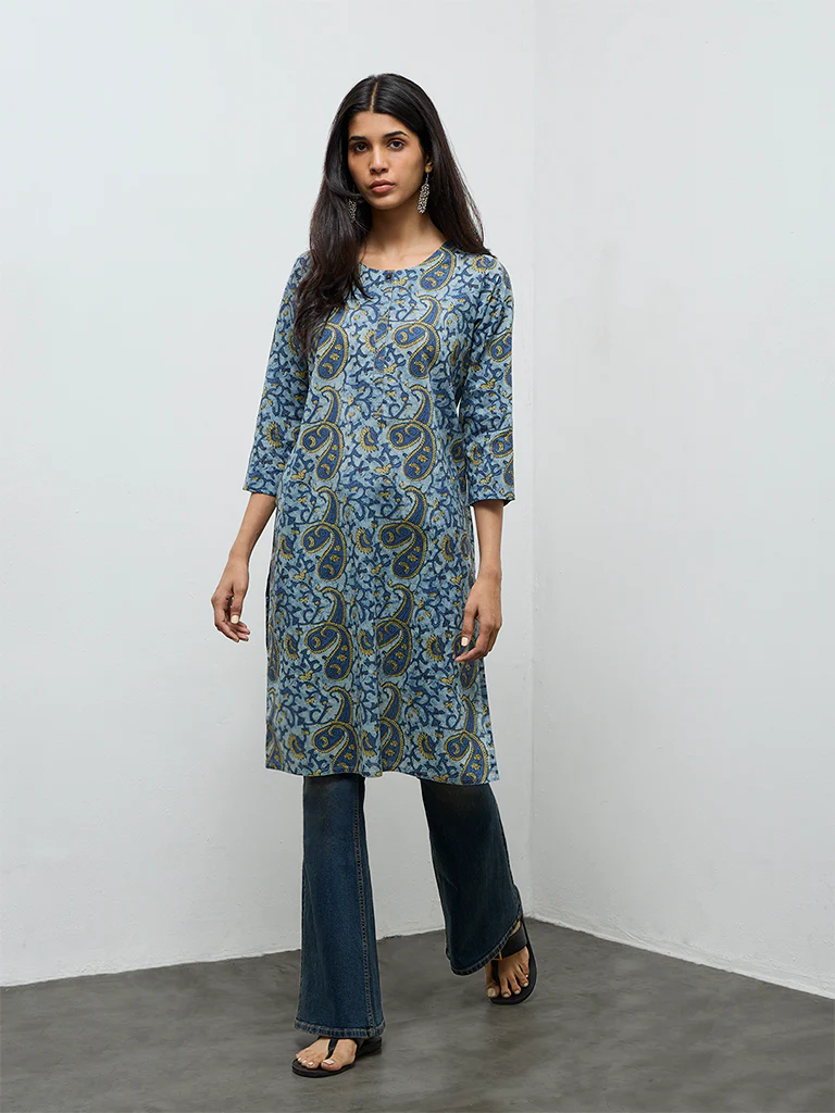 Utsa Indigo Paisley Printed Cotton Straight Kurta - Image 2