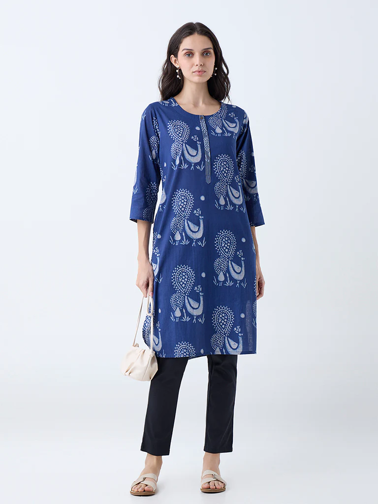 Utsa Indigo Peacock Design Cotton Straight Kurta