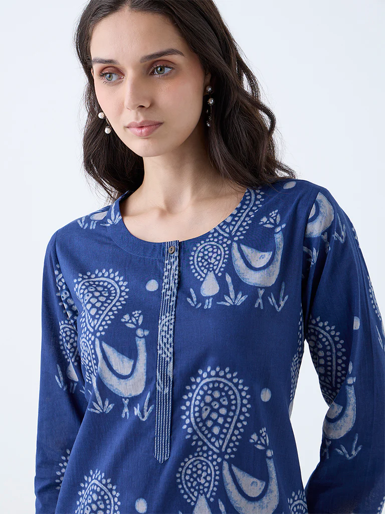 Utsa Indigo Peacock Design Cotton Straight Kurta - Image 3