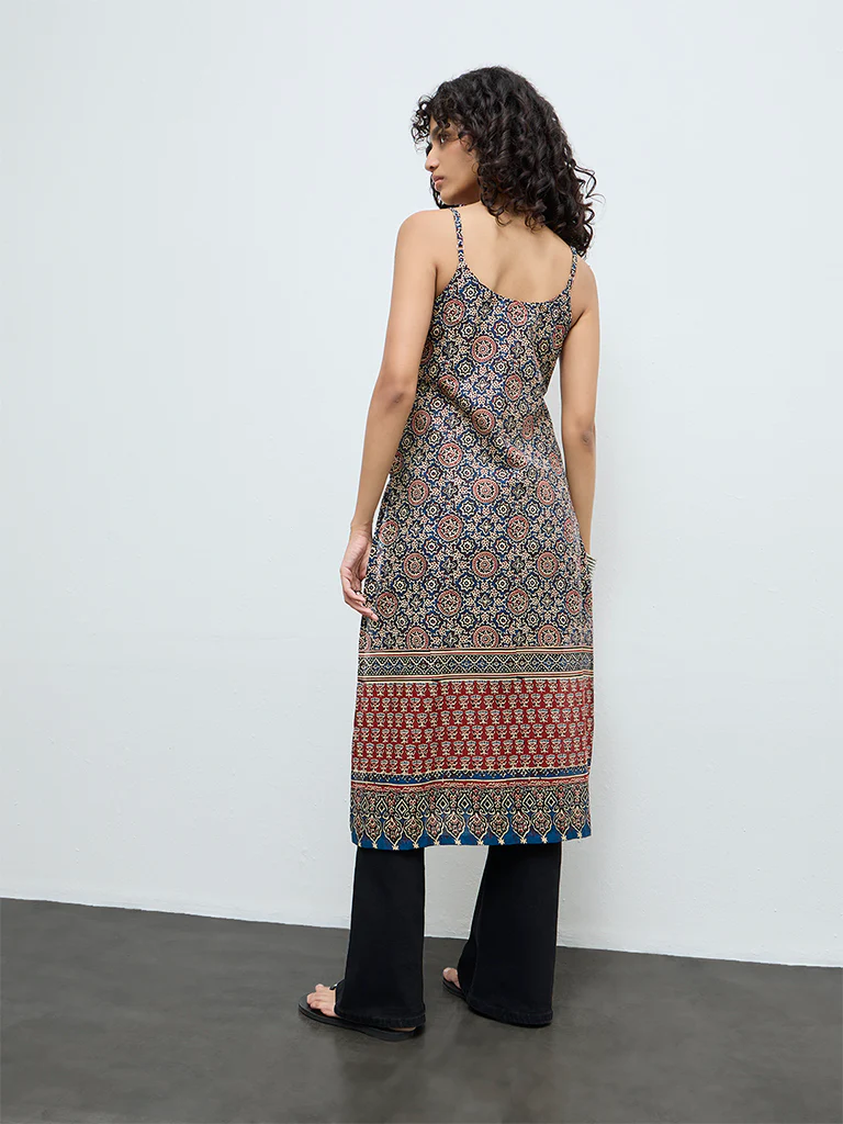 Utsa Indigo Printed Cotton A-Line Kurta - Image 4