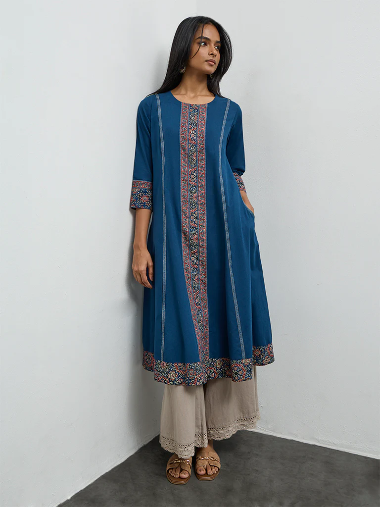 Utsa Indigo Printed Cotton A-Line Kurta