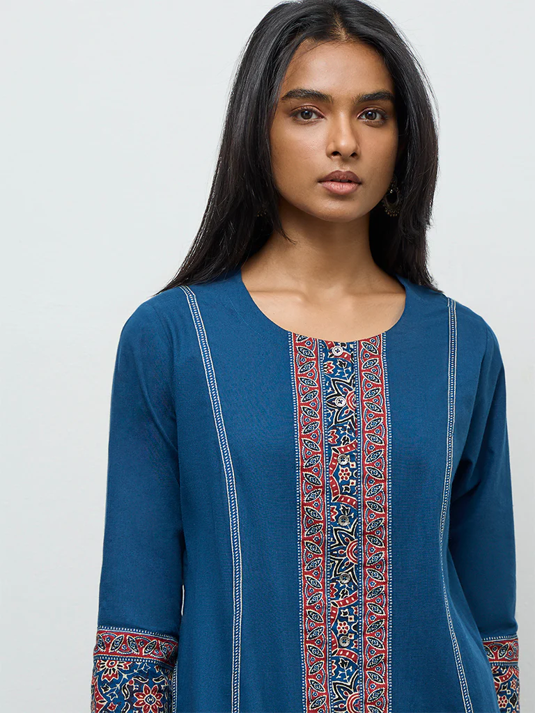 Utsa Indigo Printed Cotton A-Line Kurta - Image 3