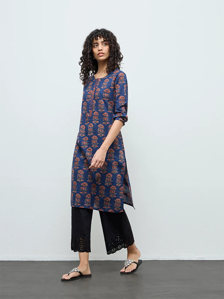 Utsa Indigo Printed Cotton Straight Kurta - Image 2