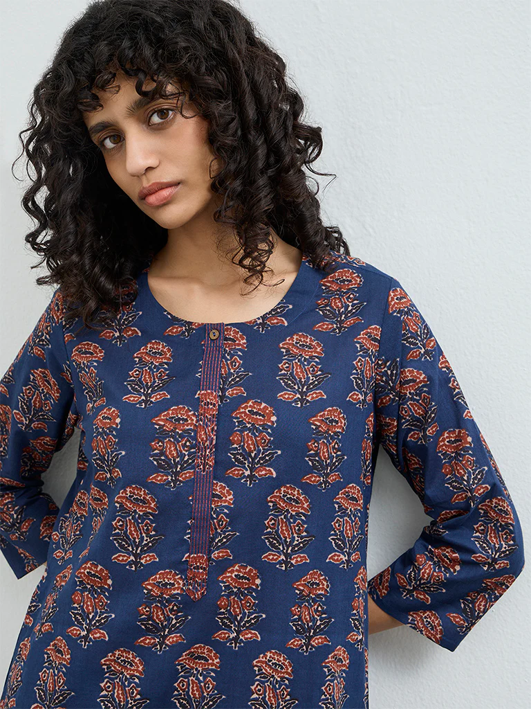 Utsa Indigo Printed Cotton Straight Kurta - Image 3