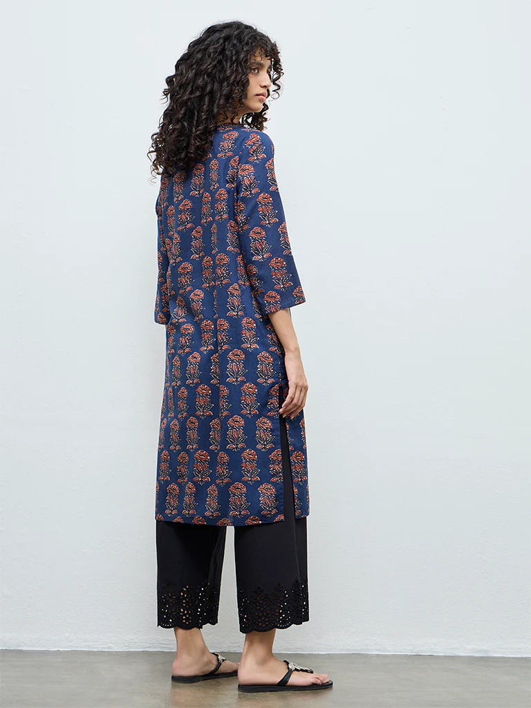 Utsa Indigo Printed Cotton Straight Kurta - Image 4