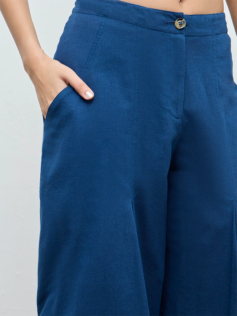 Utsa Indigo Solid Cotton-Blend Pants - Image 3