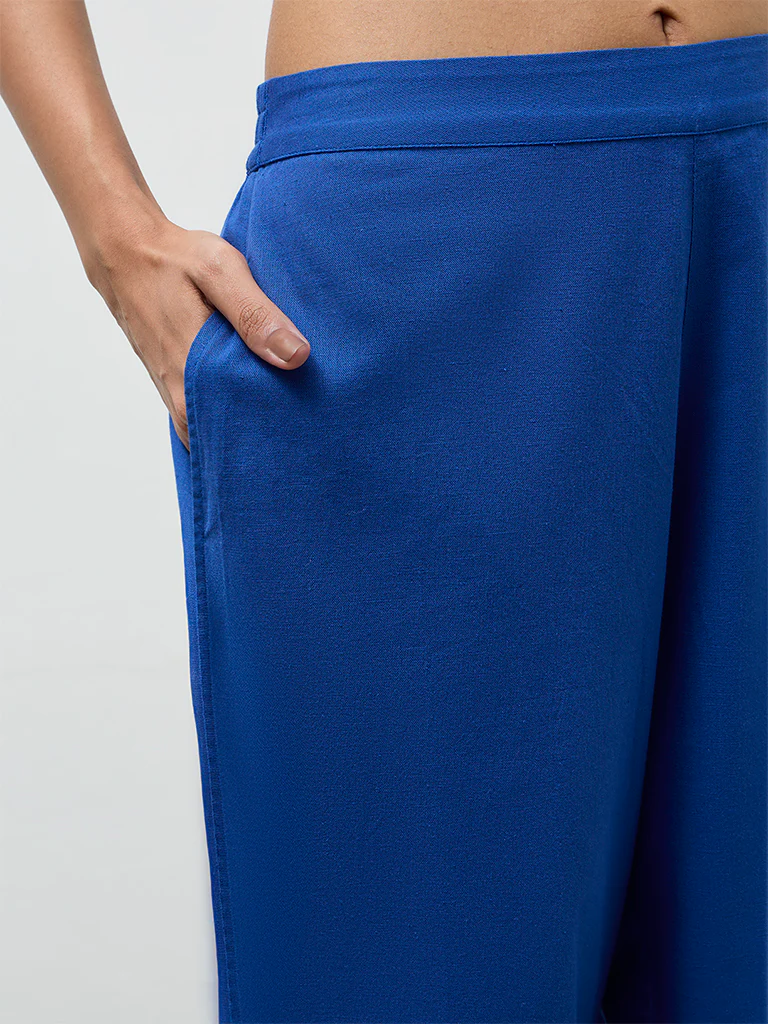 Utsa Indigo Solid Cotton-Blend Pants - Image 3