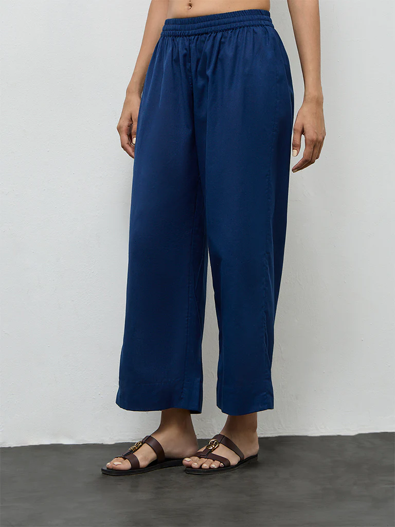 Utsa Indigo Solid Cotton-Blend Pants - Image 2