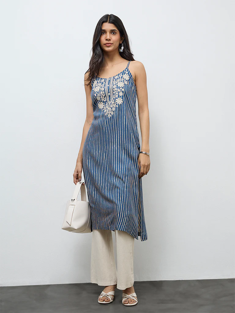 Utsa Indigo Striped A-Line Kurta - Image 2