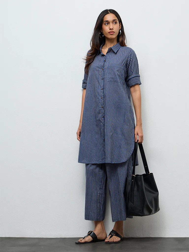 Utsa Indigo Striped Cotton A-Line Kurta