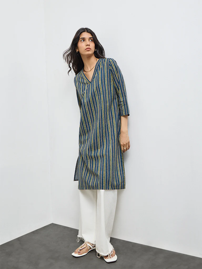Utsa Indigo Striped Cotton Straight Kurta - Image 2