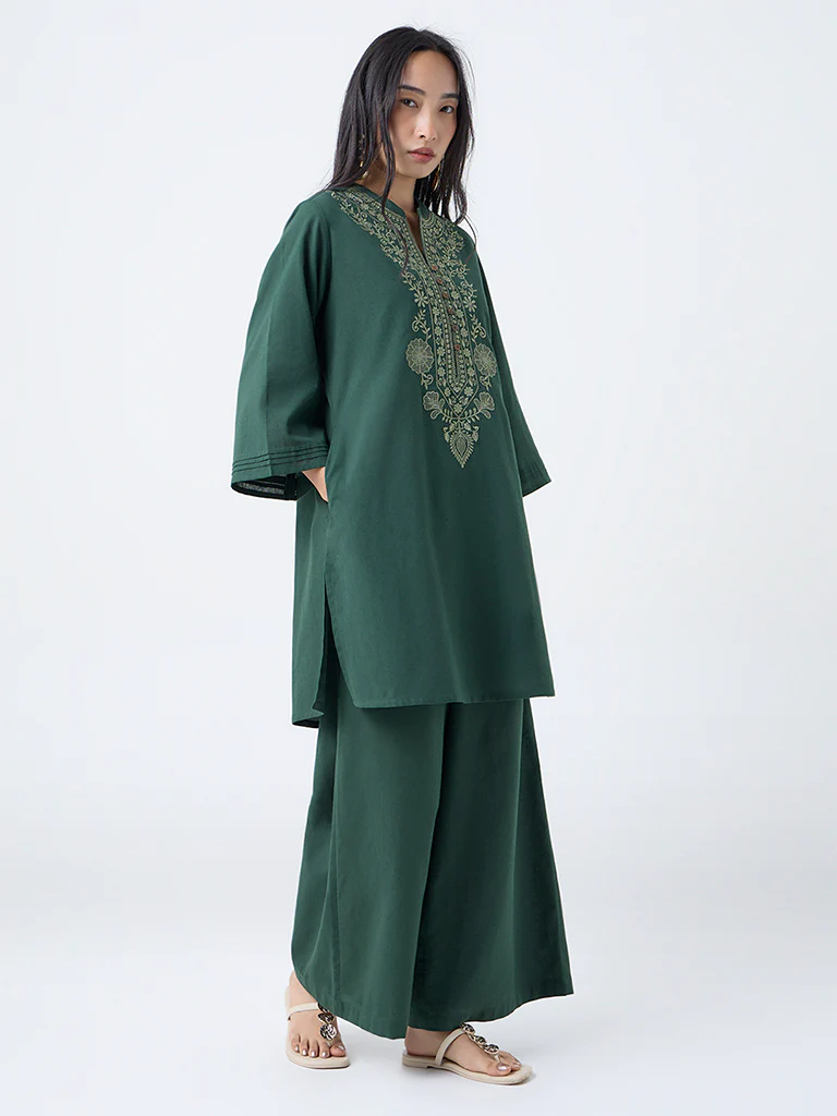 Utsa Jade Green Solid Cotton-Blend Palazzos - Image 2