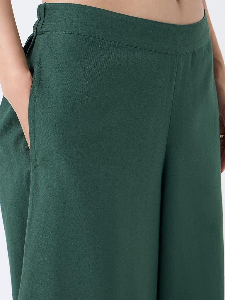 Utsa Jade Green Solid Cotton-Blend Palazzos - Image 3