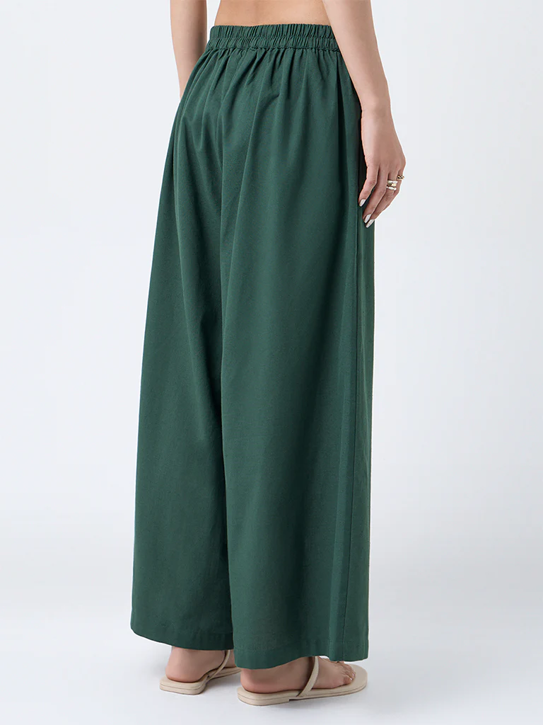 Utsa Jade Green Solid Cotton-Blend Palazzos - Image 4