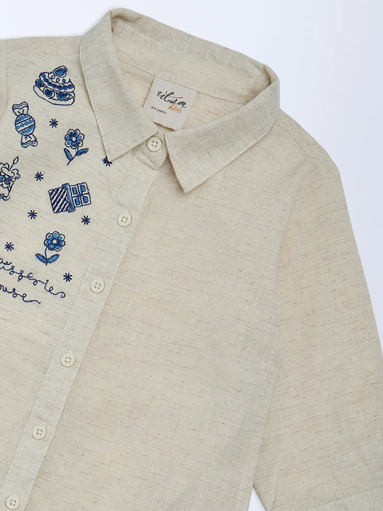 Utsa Kids Girls Beige Embroidered Cotton-Blend Tunic - (2-8 yrs) - Image 3