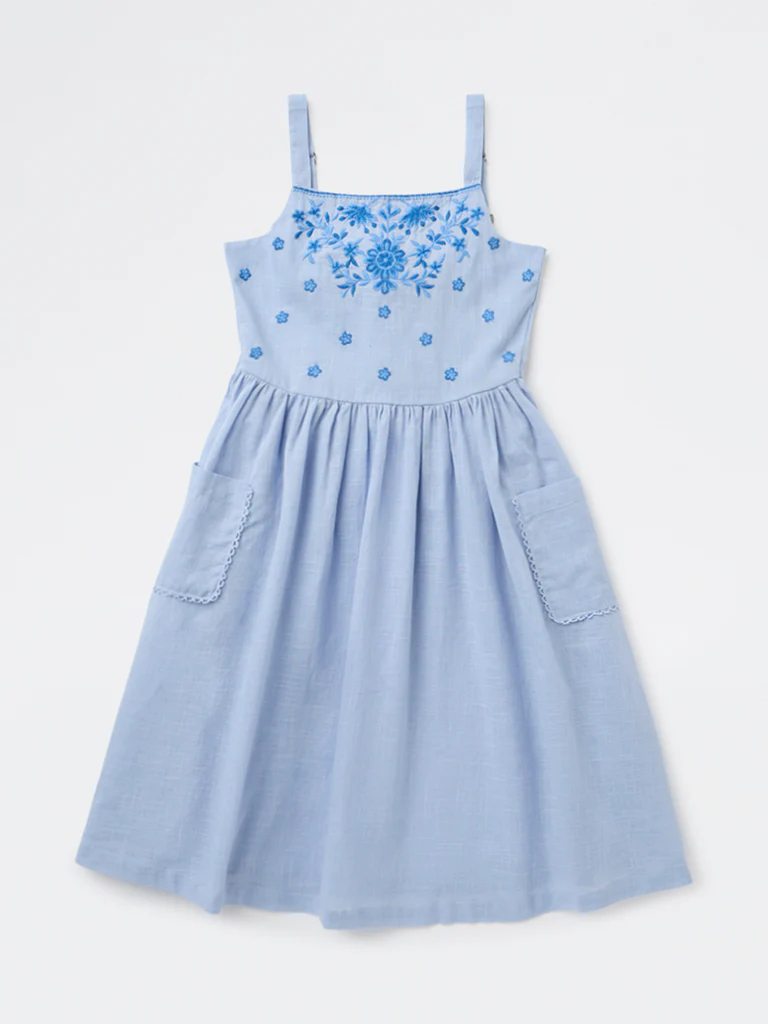 Utsa Kids Girls Blue Embroidered A-Line Cotton Dress - (8-14 yrs)
