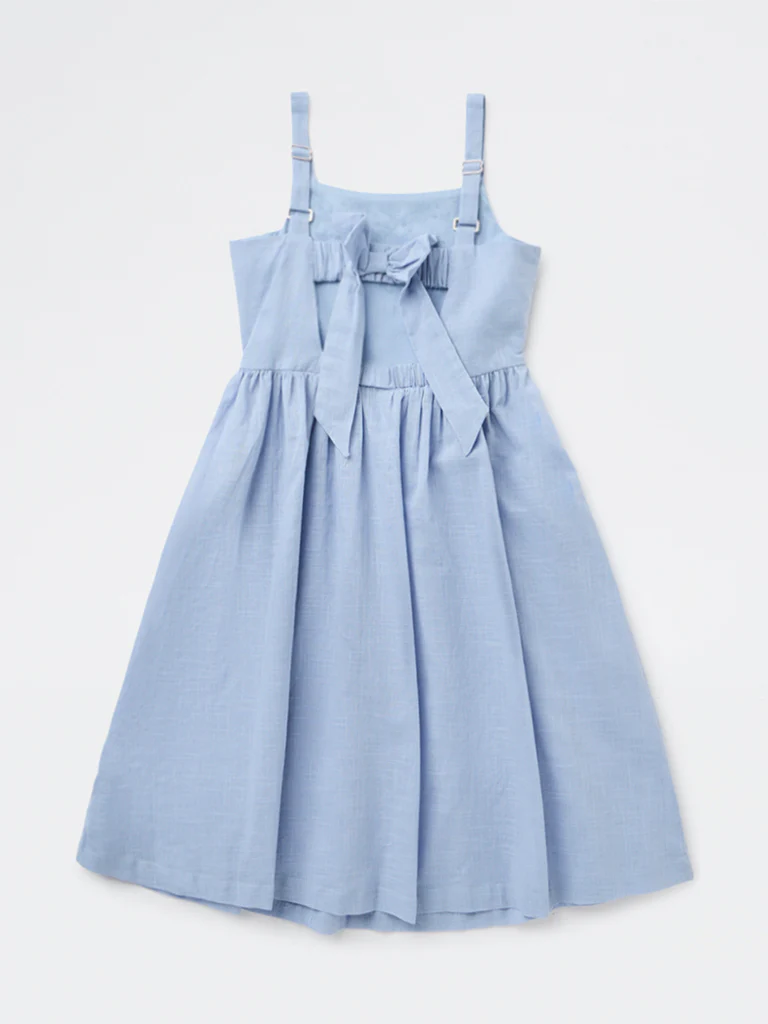 Utsa Kids Girls Blue Embroidered A-Line Cotton Dress - (8-14 yrs) - Image 2
