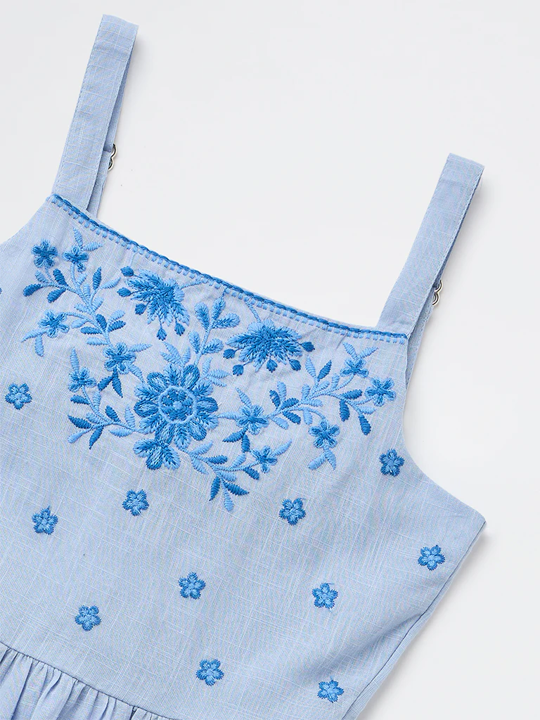 Utsa Kids Girls Blue Embroidered A-Line Cotton Dress - (8-14 yrs) - Image 3