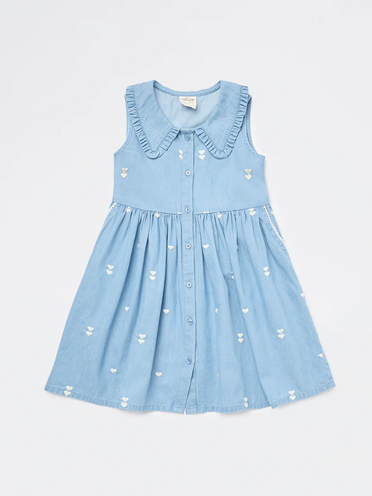Utsa Kids Girls Blue Embroidered A-Line Denim Dress - (2-8 yrs) - Image 3