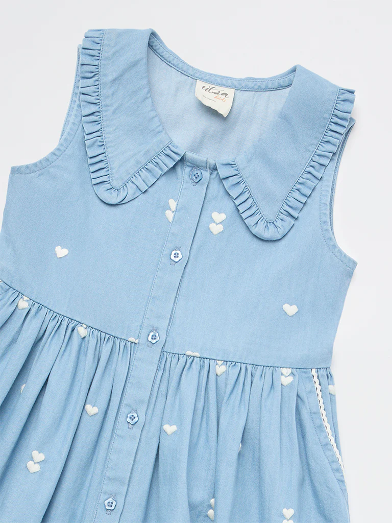Utsa Kids Girls Blue Embroidered A-Line Denim Dress - (2-8 yrs) - Image 5