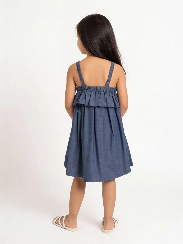 Utsa Kids Girls Blue Embroidered Cotton Dress - (2-8 yrs) - Image 2