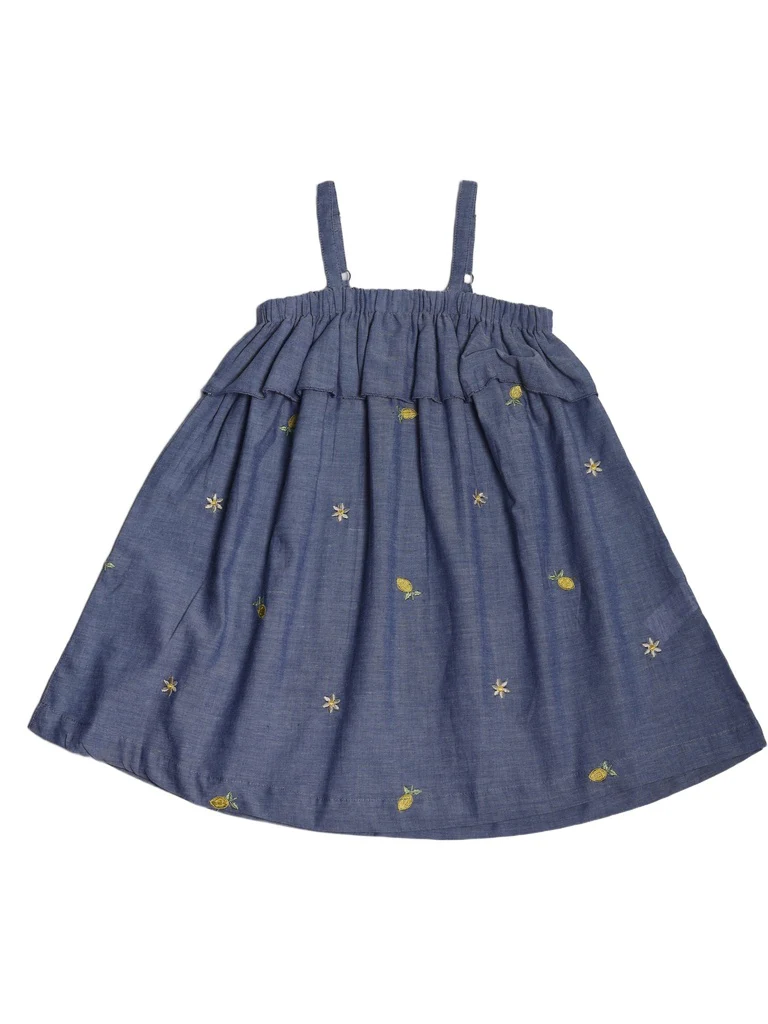 Utsa Kids Girls Blue Embroidered Cotton Dress - (2-8 yrs) - Image 3