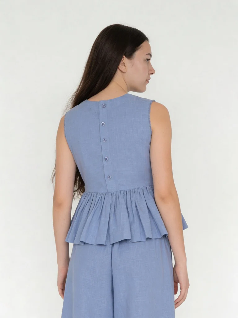Utsa Kids Girls Blue Embroidered Cotton Peplum Top - (8-14 yrs) - Image 2