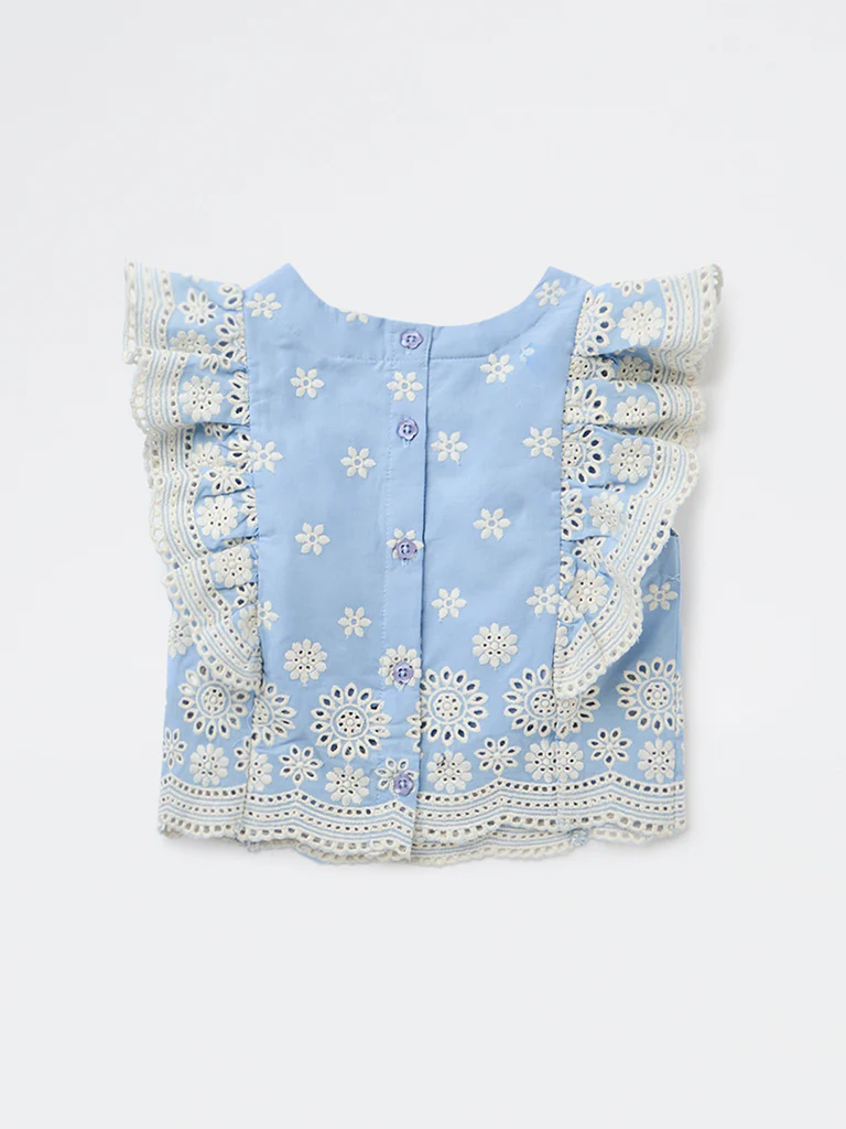 Utsa Kids Girls Blue Embroidered Cotton Top - (2-8 yrs) - Image 4