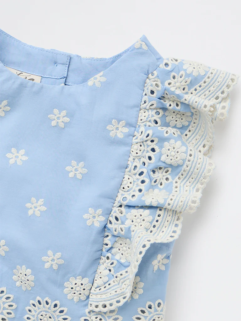 Utsa Kids Girls Blue Embroidered Cotton Top - (2-8 yrs) - Image 5
