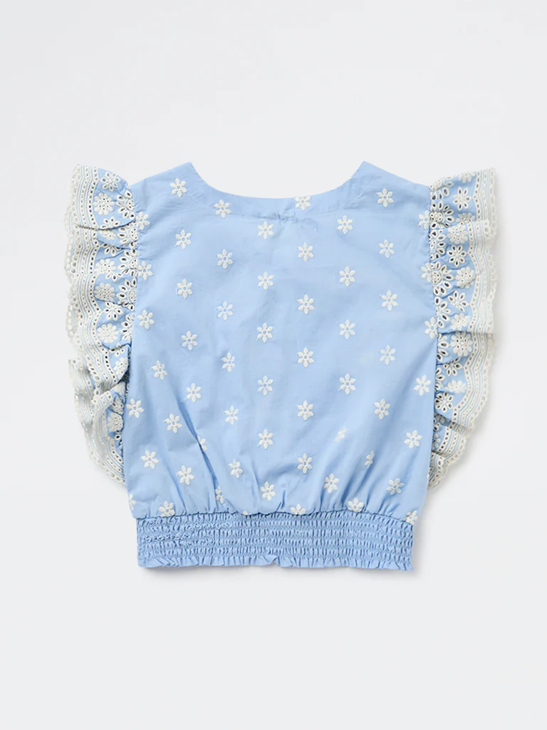 Utsa Kids Girls Blue Embroidered Cotton Top - (8-14 yrs) - Image 4