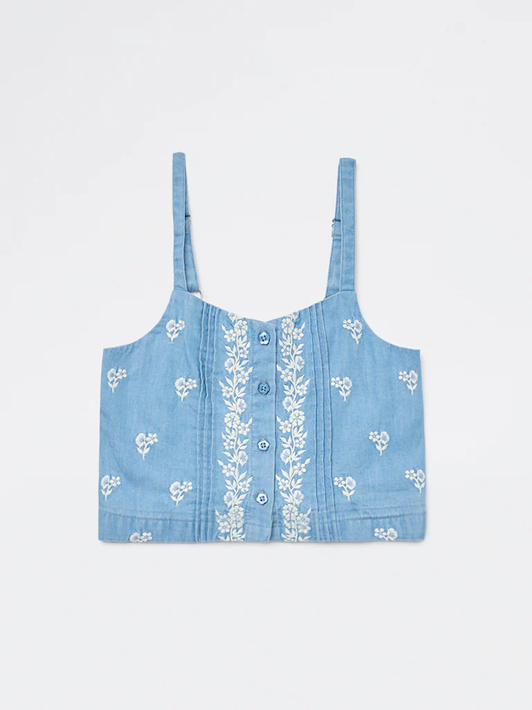 Utsa Kids Girls Blue Floral Embroidered Denim Top - (2-8 yrs) - Image 3