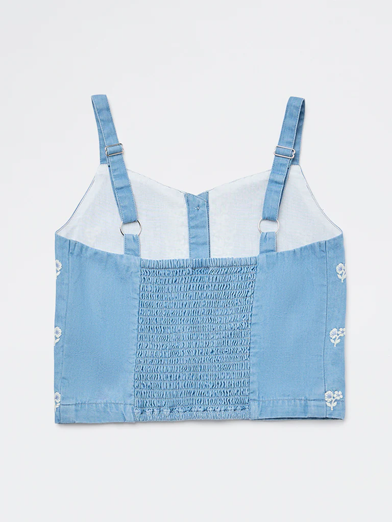 Utsa Kids Girls Blue Floral Embroidered Denim Top - (8-14 yrs) - Image 2