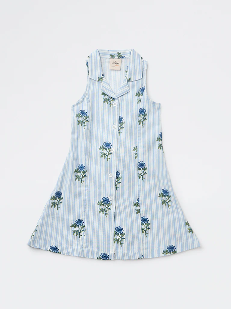 Utsa Kids Girls Blue Printed A-Line Cotton-Blend Dress - (2-8 yrs) - Image 3